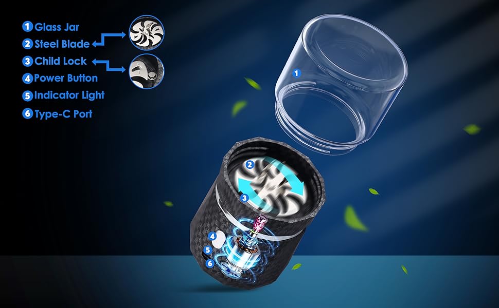 CAPTAIN Unique Electric Grinder, Small Spice Grinder Electric Grinders Mini Size 2x3.5inches with 2pcs 1.7oz/50ml Glass Jar Jar Portable Grinders Rechargeable Automatic Grinder