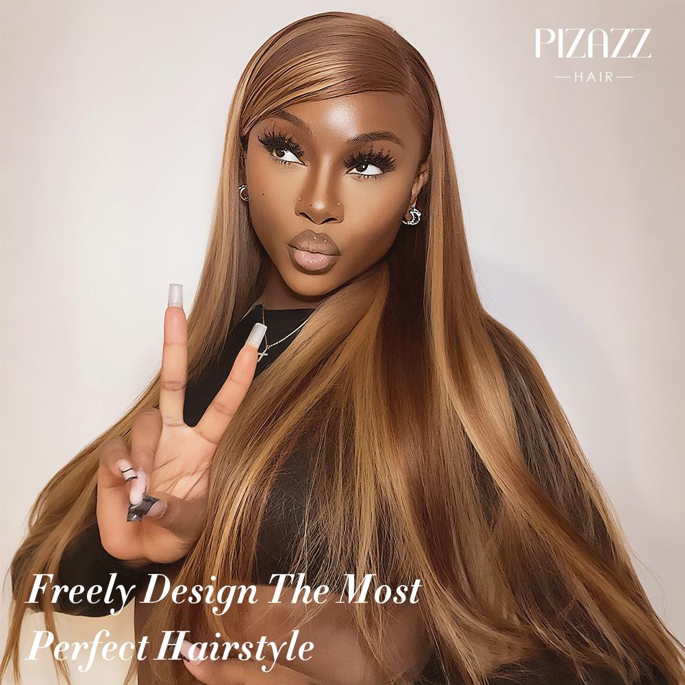 Pizazz Hair 13x6 Pre Bleached Honey Blonde Straight Full Lace Front Wigs Human Hair Pre Plucked For Momen 220% Density Highlight HD Transparent Lace Frontal Wigs with Baby Hair