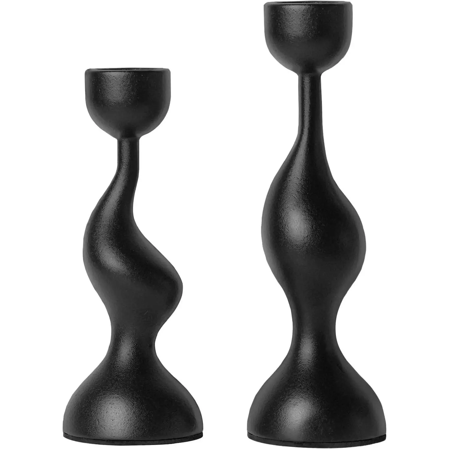 Modern Sculptural Black Candle Stick Holders, Cast-Aluminum Taper Set of 2 (7" & 8"), Dual-Height Candlesticks for Dining Table Wedding Home Decor