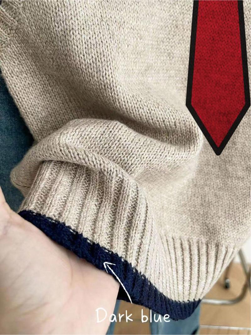 One piece + Women's spring/summer casual-retro loose-fit round-neck sleeveless knit top. Deep blue contrast trim + red-scarf patchwork print. Perfect for school vibes - layer with a vest or wear it solo! Color Block Vest