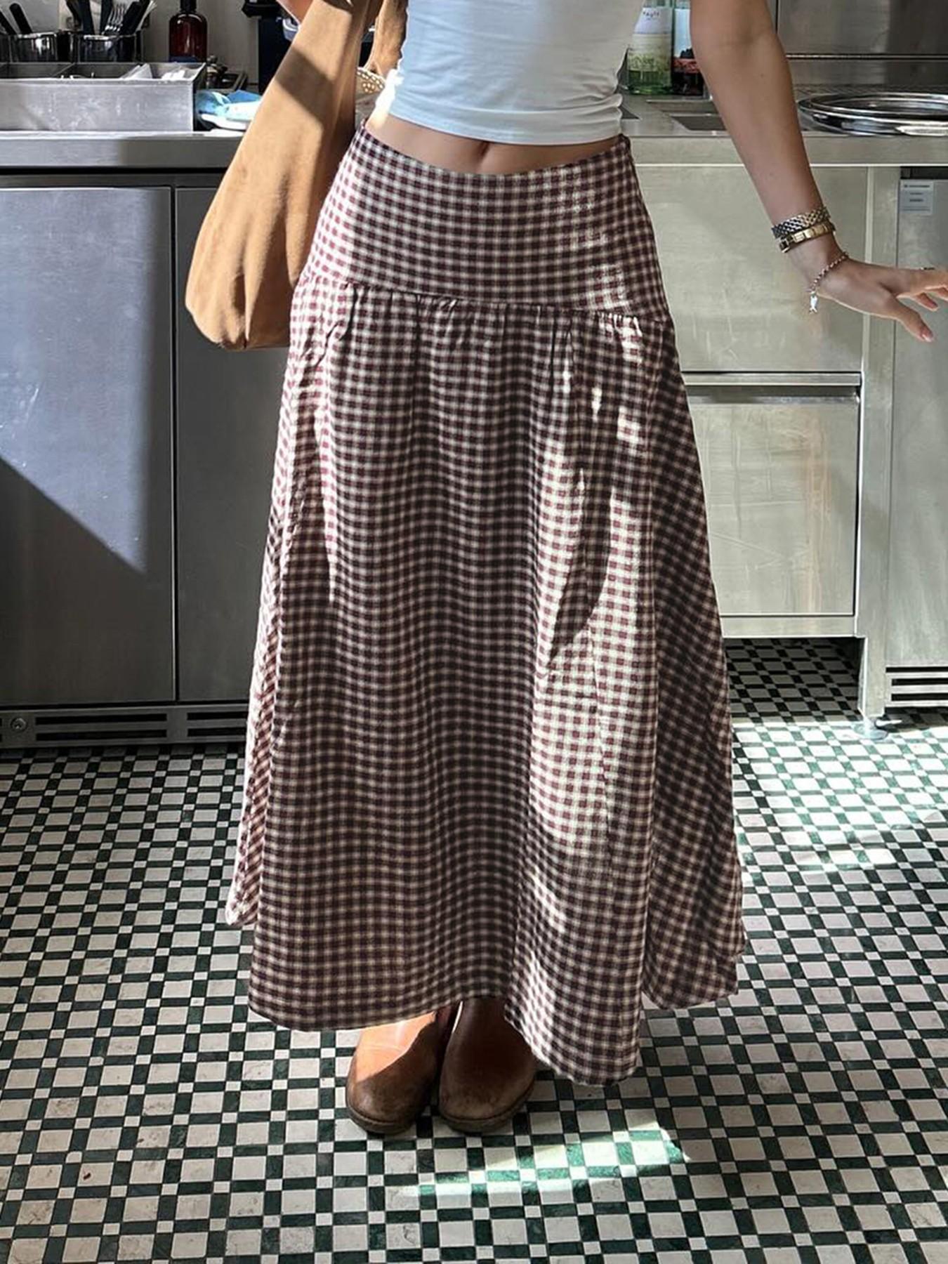 Vintage Academical Style Classic Gingham Loose High Waist A-Line Skirt for Women, Clothes, Casual Midi Skirt, All Seasons, Loose-Fitting