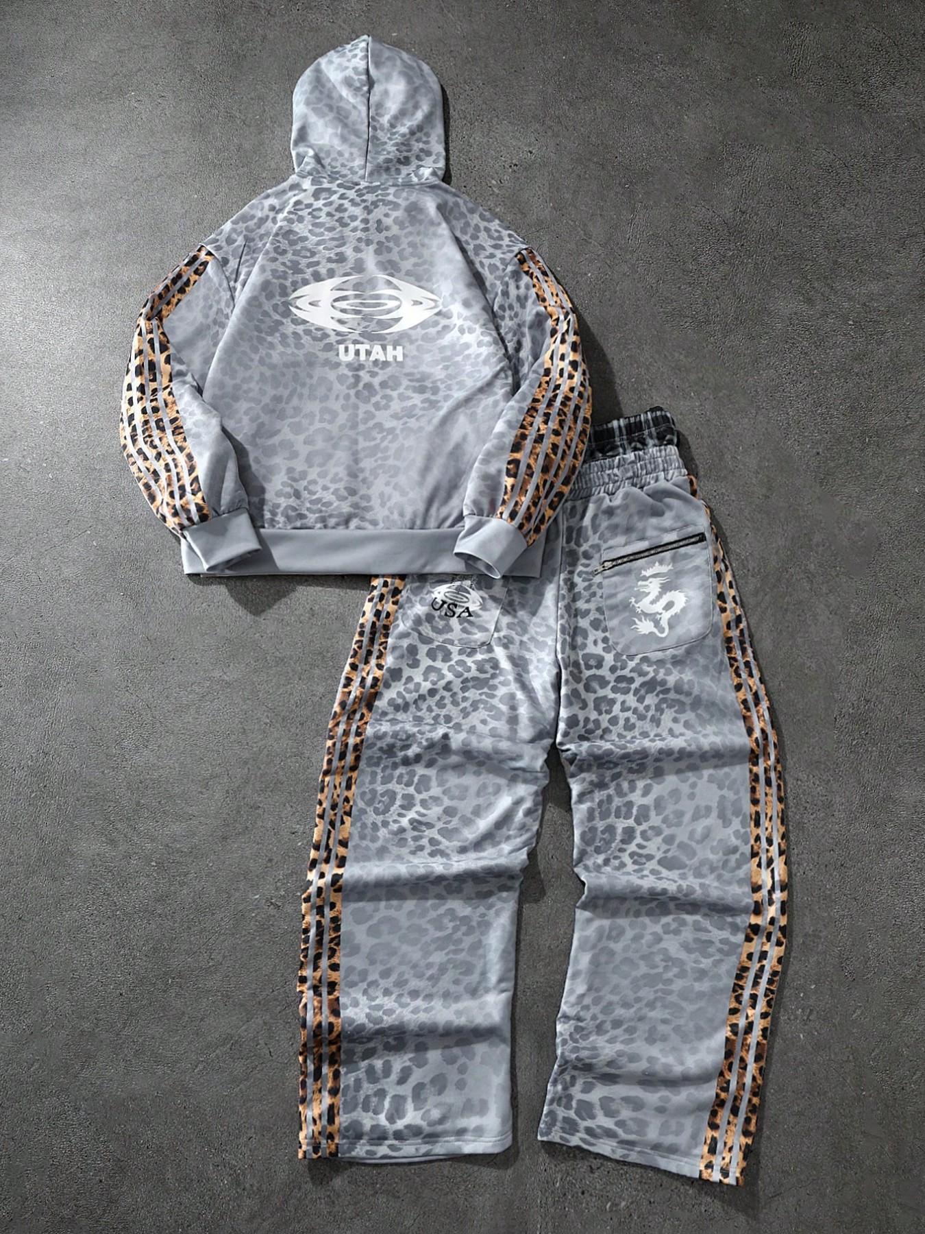 Men's and women's, Fitted styles of street hip-hop casual wear, Leopard print "USA" pattern sportswear set, Tracksuit Sweat Suits, suitable for spring and autumn campus life, outdoor activities, street photography