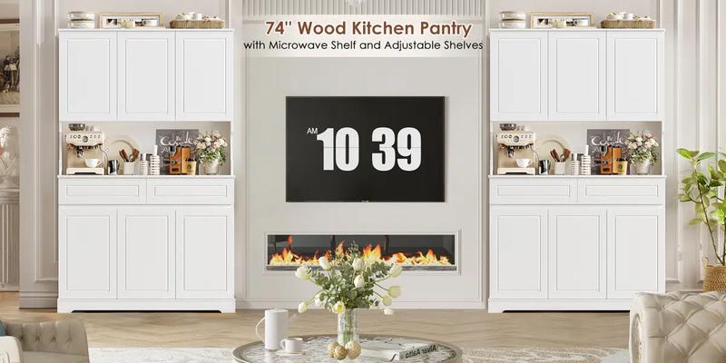 FOTOSOK 74'' Pantry Cabinet, Wood Kitchen Pantry with Microwave Shelf and Adjustable Shelves, Tall Kitchen Hutch with 6 Doors and 2 Drawers