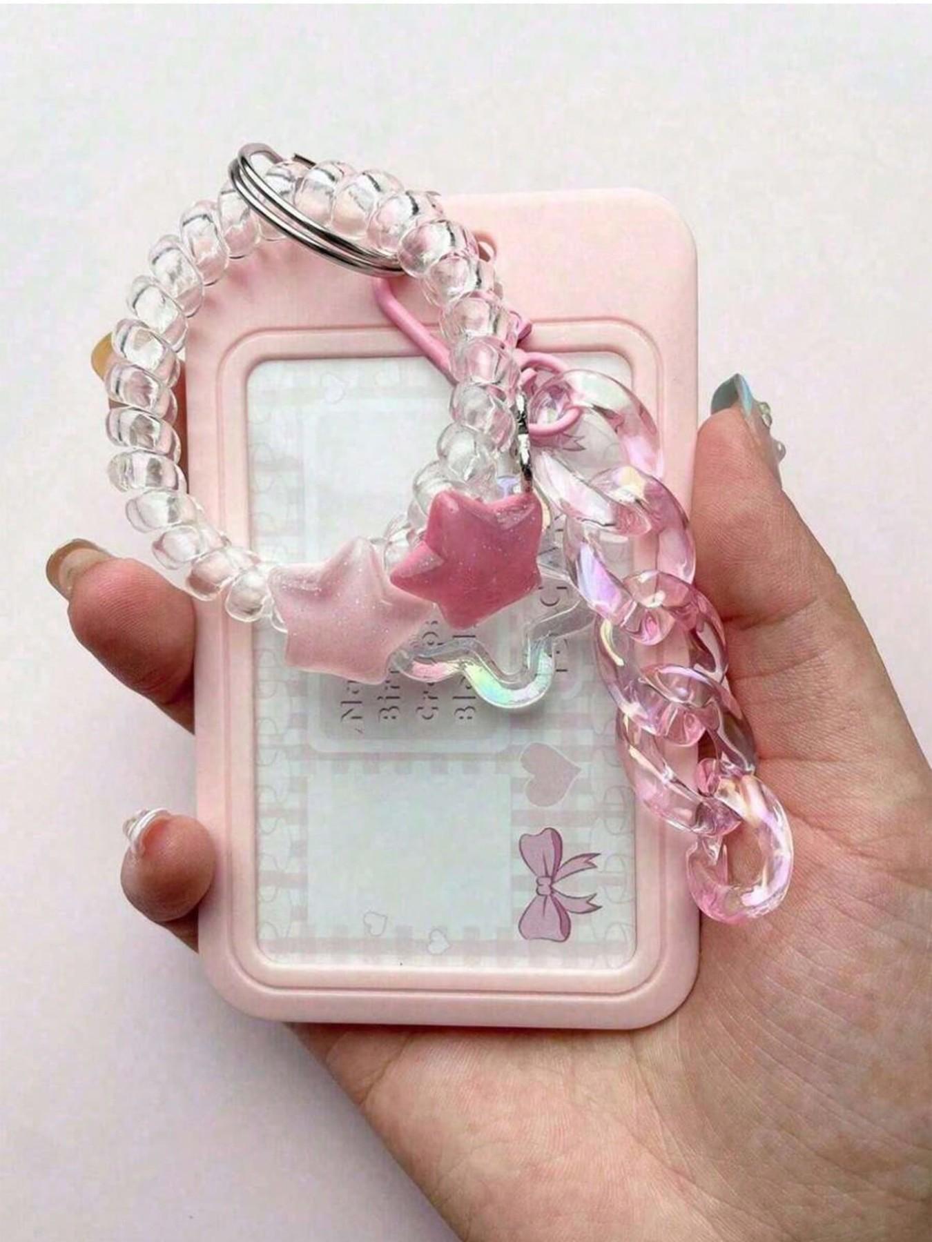 Transparent Star Pendant Keychain Card Holder, Durable ID Case, Maroon Acrylic Decorative Chain, Jelly Color Elastic Hair Tie