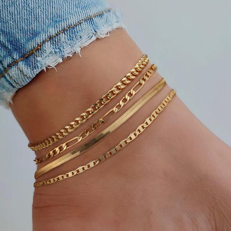 TASISO 14k Gold Plated Layered Anklet Set Waterproof Herringbone Paperclip Beaded Figaro Cuban Chain 4 Pieces Womens Gold Ankle Bracelet Beach Stackable Anklet Bracelet Jewelry Gifts for Women