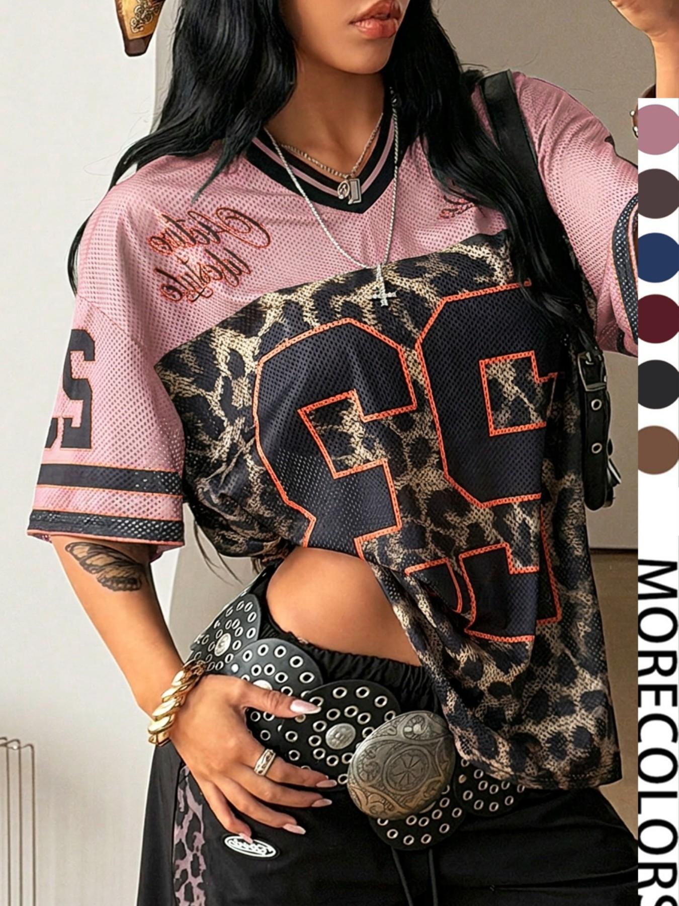 Y2K Retro Style Peregrinate 23 Leopard Print Jersey Top, Loose Fitted V-Neck Sport Tee, Hip-Hop Athletic Fashion Streetwear for All Seasons