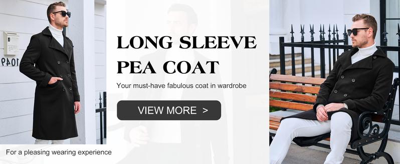 Runcati Men's Notch Lapel Double Breasted Long Trench Coat Casual Cotton Blend Peacoat