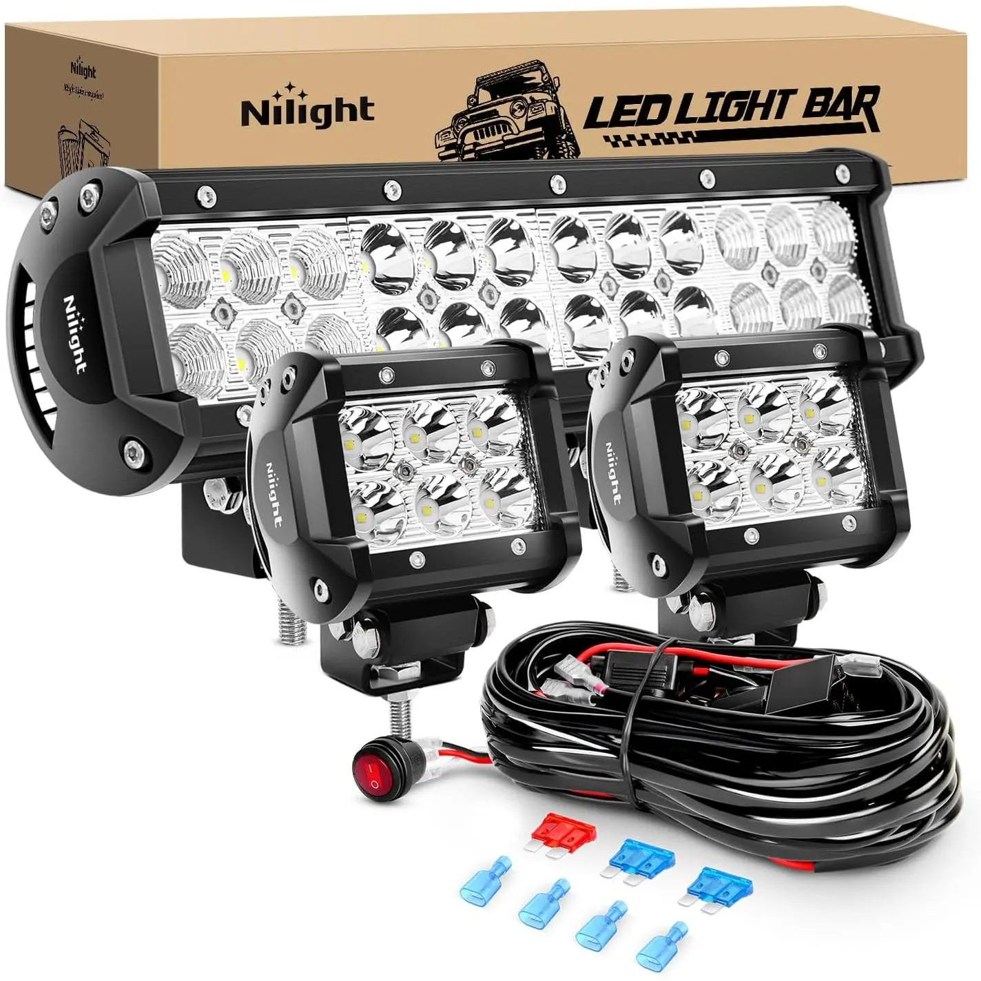 Nilight Automotive Light Bar & LED Work Lights Combo Set - 12In 72W Spot-Flood Bar, 2Pcs 4In 18W Flood Pods, Includes Harness 3-Lead Wiring Kit, Offroad Car Lighting for Van, Pickup
