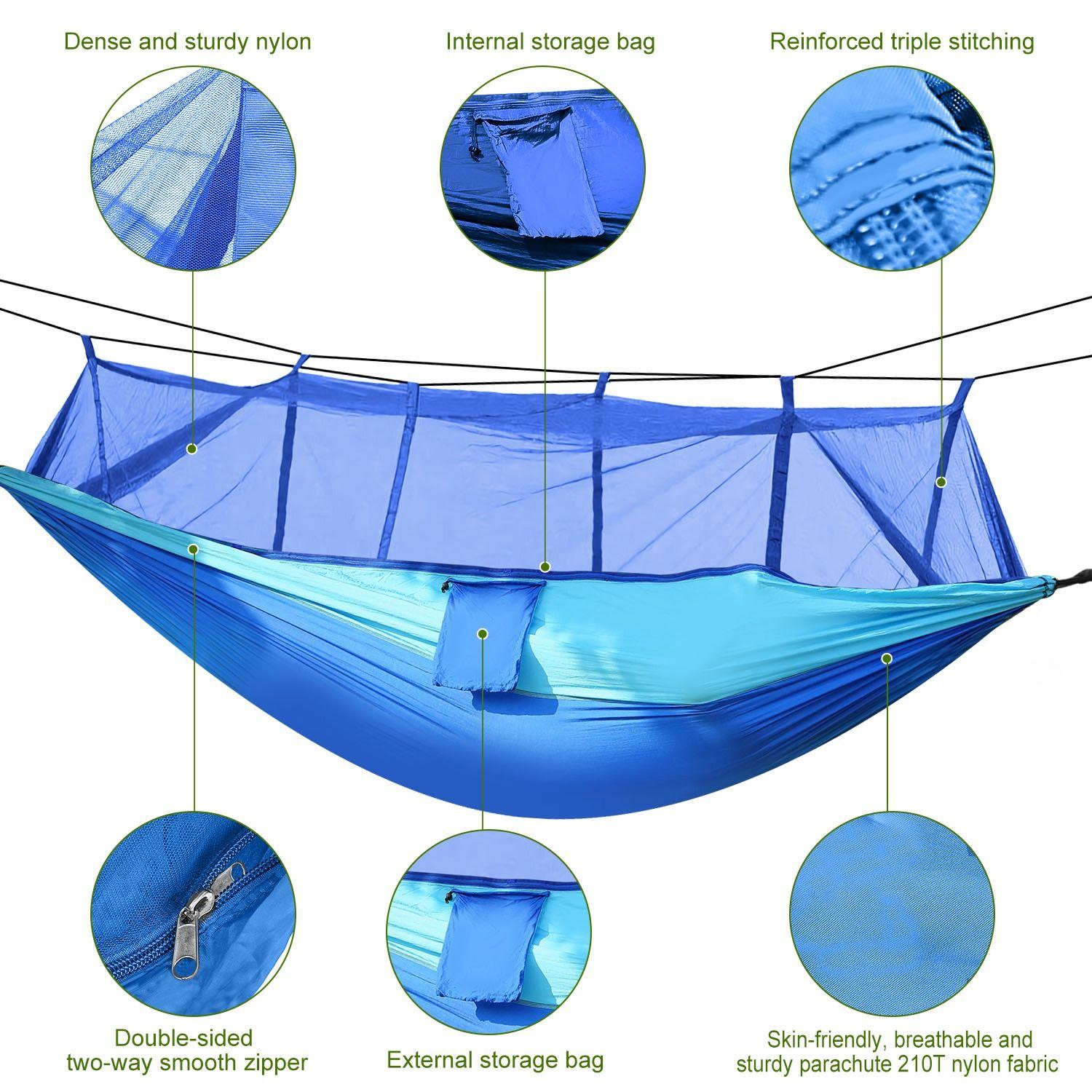 2-Person Hammock with Mosquito Net - 600lbs Load Nylon Hanging Suspension Swing, Folding Portable Outdoor Hammock for Camping, Hiking - Includes Carabiners, Straps, Carry Bag, 2-Person Hammock Hammocks, Folding Portable Hammocks