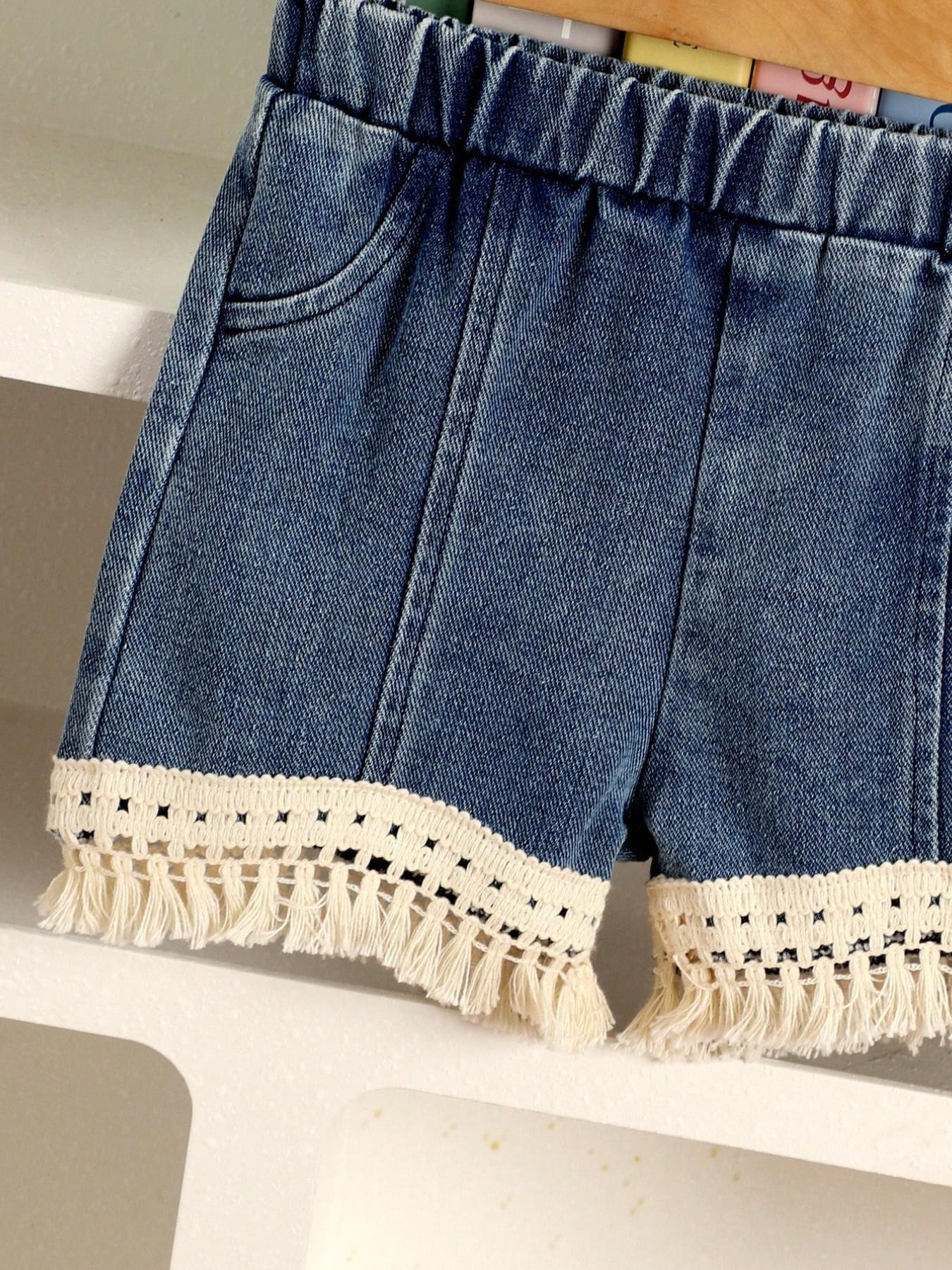 Boho Style Baby Girl 2-Piece Set, Floral Fringe Vest and Denim Shorts, Casual Summer, Trendy Kids Fashion