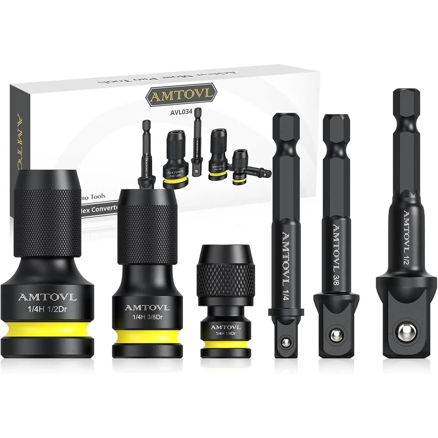 AMTOVL 3Pcs Socket Adapter Kit, 1/2-3/8-1/4 Inch Female Drive to 1/4 Hex Converter, Quick Release Yellow Hex Conversion Tool, 1-Handed Use for Ratchet Wrenches, Impact Bit Holders & Drill Chucks, One-Handed