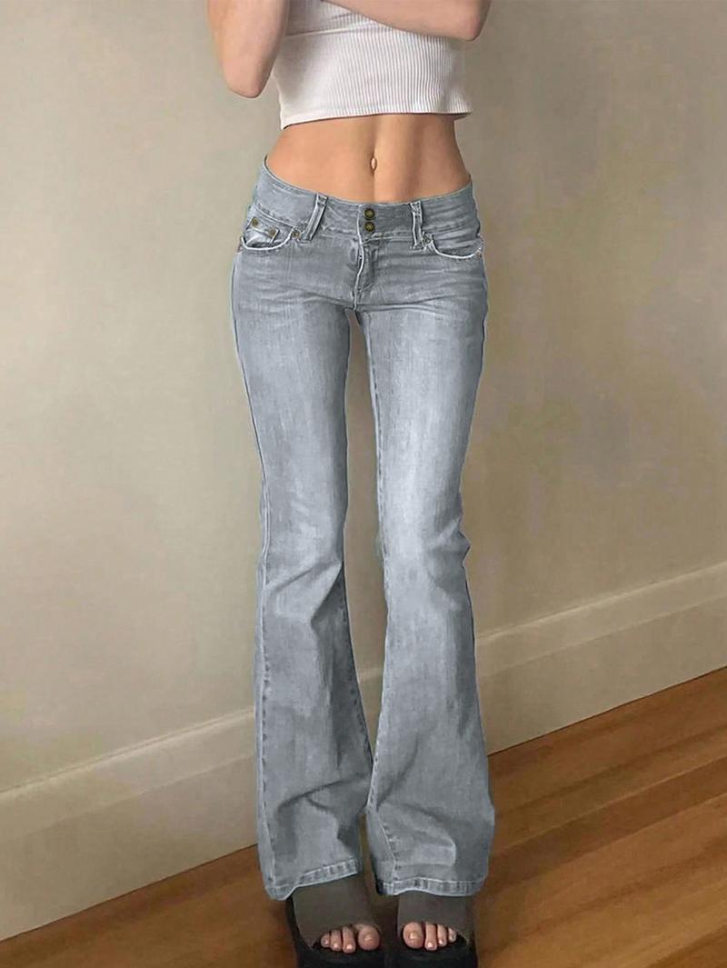NVFelix Women's Y2k Low Rise Flare Jeans Double Button Design Stretch Bootcut Pants Soft Denim for Comfortable Daily Wear