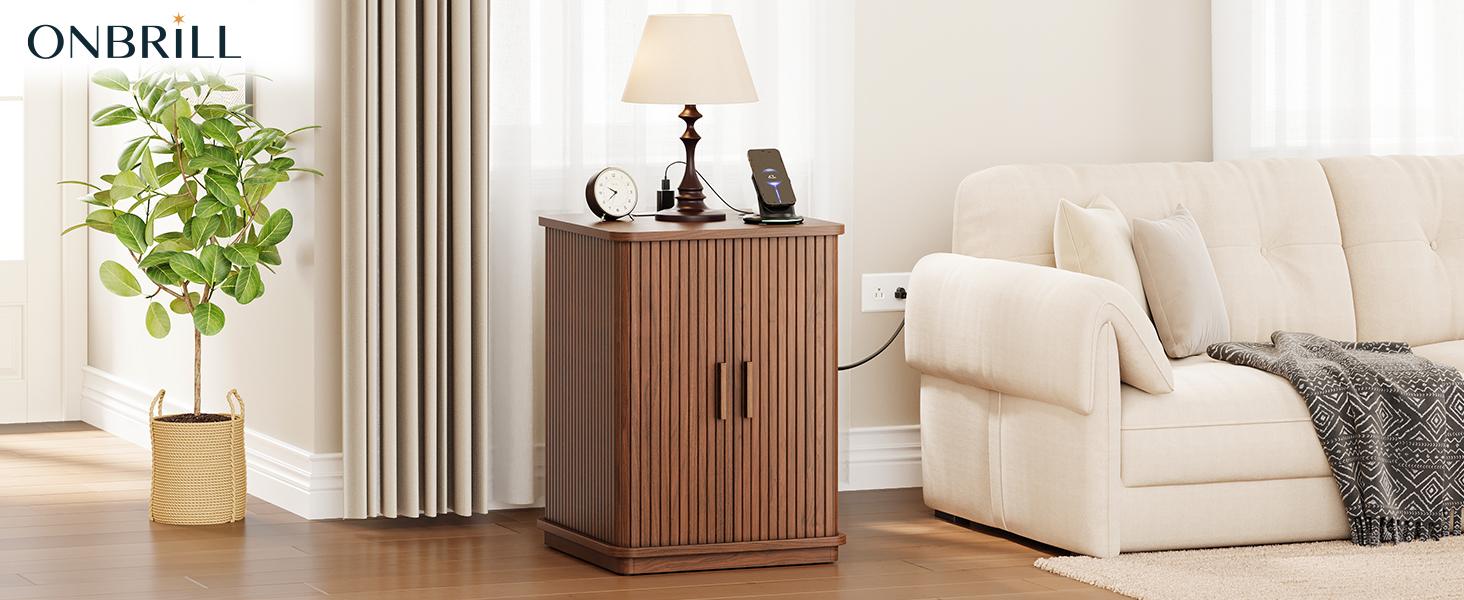 【Sliding Door Design】ONBRILL Square End Table with Storage & Charging Station, Fluted Accent Side Table with Sliding Door & Sturdy Pedestal, Mid-Century Modern Nightstand for Small Space, Living Room Furniture