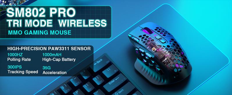 SM809 &Pro Wireless/Wired RGB MMO Gaming Mouse with 9 Side Buttons,24000 DPI,16 Programmable Macros,Triple Connectivity (2.4G/BT5.0/Wired) MMO Mouse for Gamer,Up to 350H Battery Life,White,Gaming Accessoies