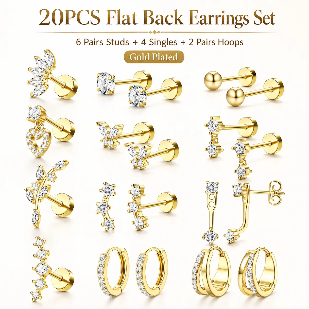 KRFY Women's 20PCS 20G Earrings Jewelry Set - Hypoallergenic 316L Surgical Steel Flat Backs, Cartilage Studs, Huggie Hoops - Non Tarnish, Tarnish Proof Stacking Sets for Helix Tragus Mix & Match