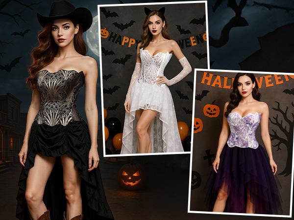 JASGOOD Corset Top for Women Sexy Textured Sheer Floral Lace Bustier Cincher Lace-up Corset Halloween Overbust Top