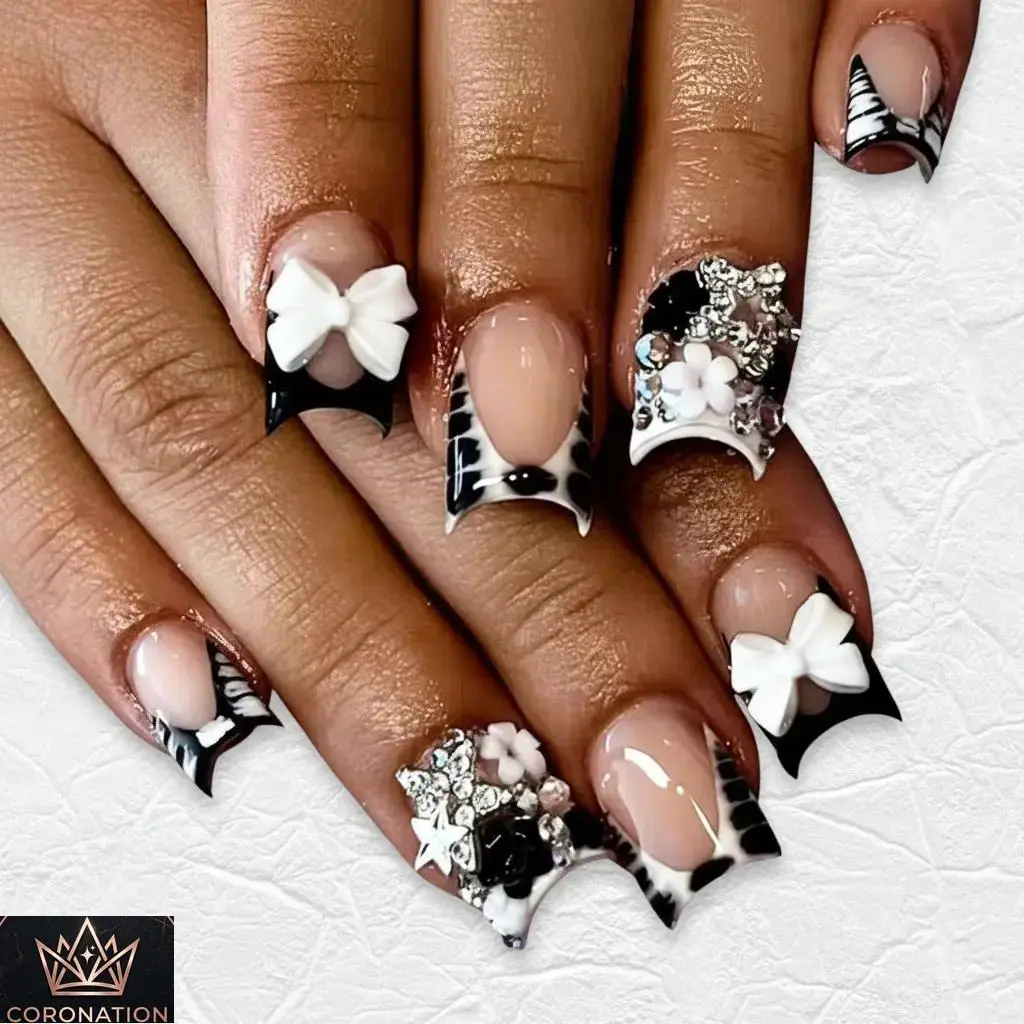 French Tip Press On Nails for Women, 24PCS Short Square Fake Nails with 3D Bows, Zebra Print, Floral Design & Rhinestone Accents, Cute Aesthetic Nail Art Kit, Easy Stick-On Reusable Manicure Set for Party, Date Night & Everyday Style