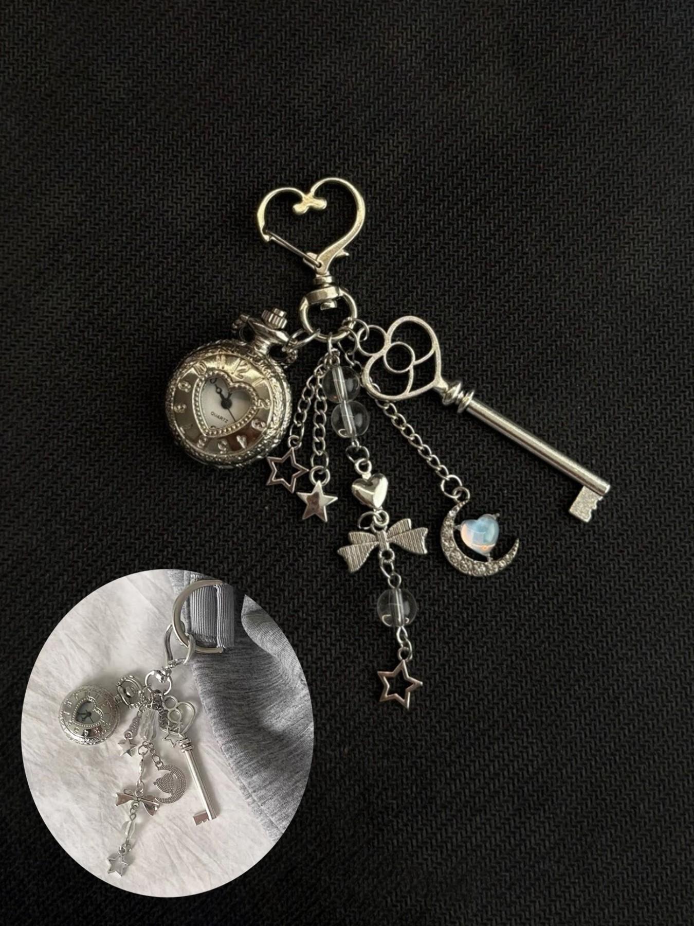 2 Piece Punk Style Metal Heart Keychain, Vintage Pocket Watch Opener, Star Moon Necklace Key, Retro Couple Pendant, Key Ring Accessory
