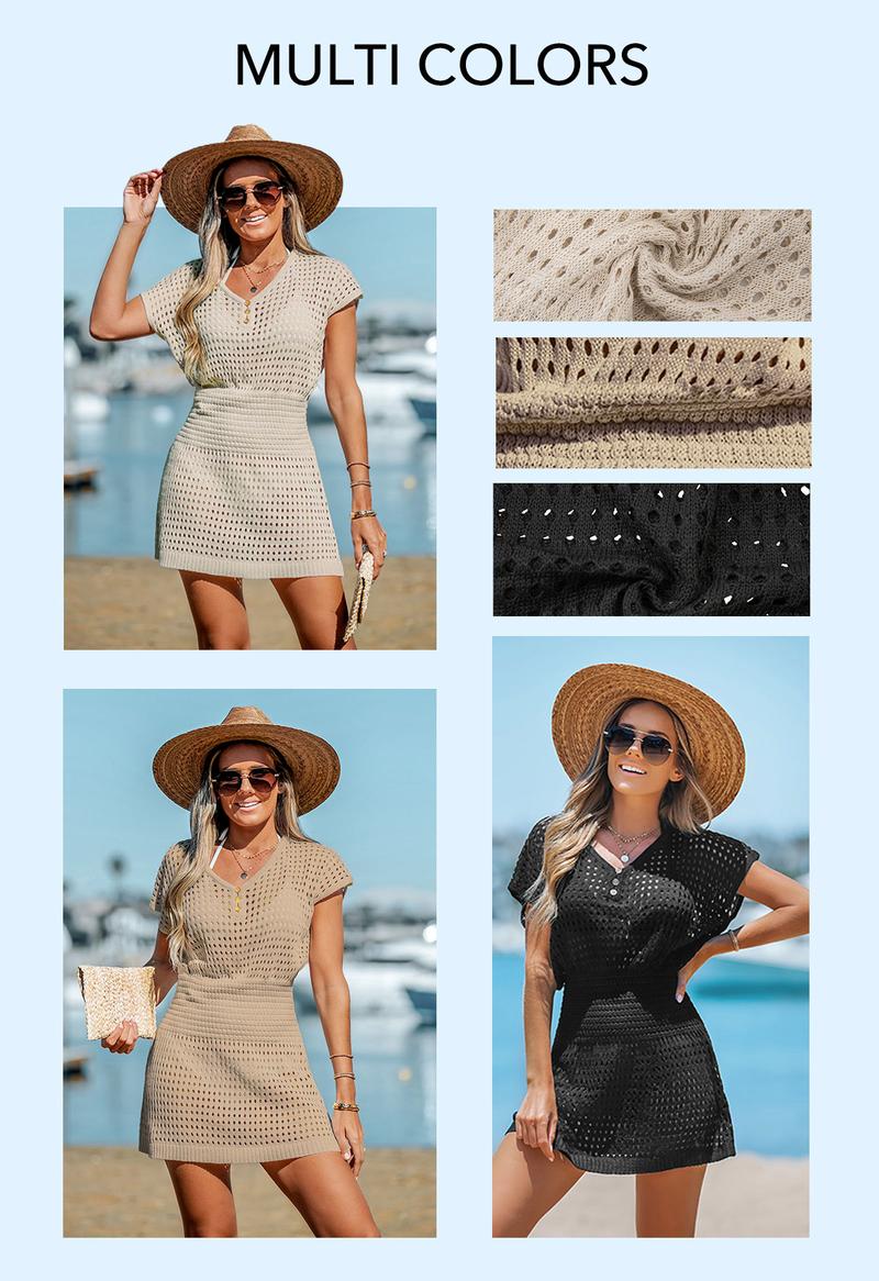 CUPSHE Boho V-Neck Crochet Beach Cover Up - Cinched Waist Slim Fit Mini Dress | 2026 Beach to Street Summer Vacation Essentials for Women
