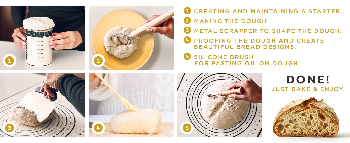 Sourdough Starter Kit, 14pcs Bread Kit & Sourdough Bread Baking Supplies Kit, Banneton Basket Kit for Sourdough Proofing with Bread Baking bowl for Breads (Pink) by