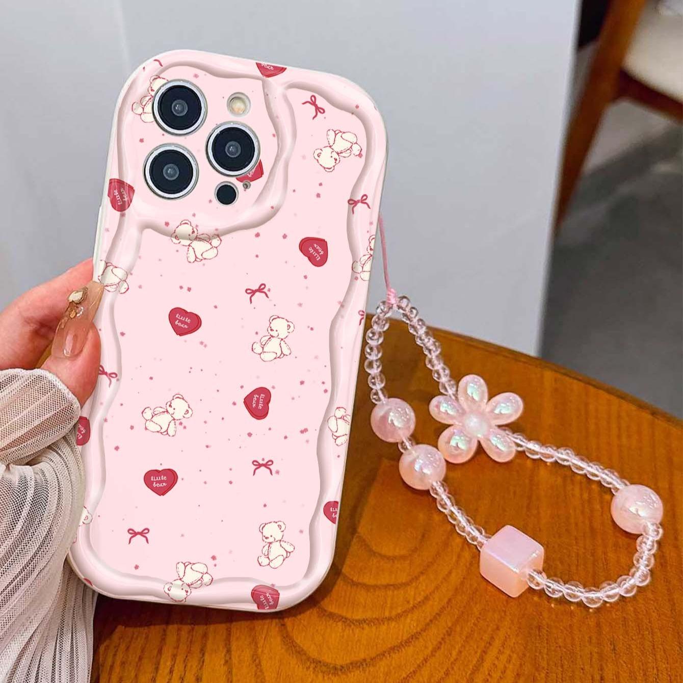 Bear Heart Lanyard Pattern Tpu Wave Edge Anti-Drop Phone Case for Apple iPhone 17 Pro Max/16/16 Pro Max/11/13/14/15, Girl's Gift