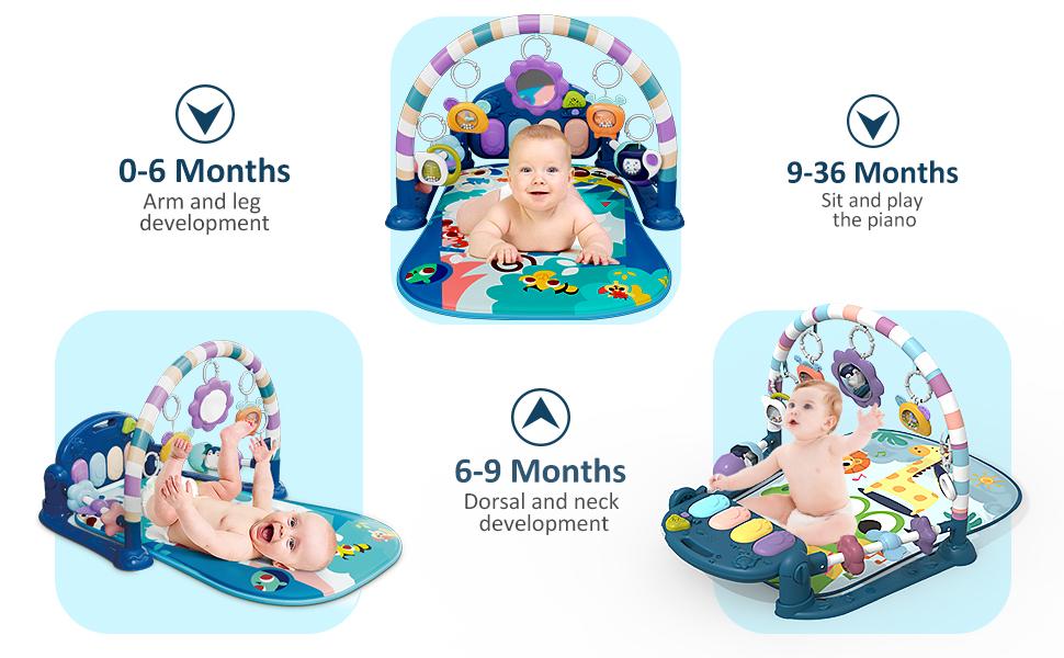 Baby Play Mat Baby Gym,Funny Play Piano Tummy Time Baby Activity Mat with 5 Infant Sensory Baby Toys, Music and Lights Boy & Girl Gifts for Newborn Baby(Blue Tiger) Nursery Cute