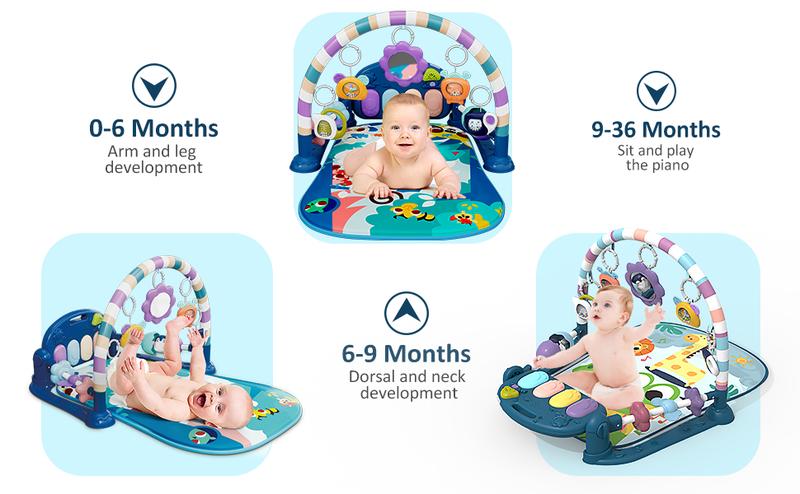 Baby Play Mat Baby Gym,Funny Play Piano Tummy Time Baby Activity Mat with 5 Infant Sensory Baby Toys, Music and Lights Boy & Girl Gifts for Newborn Baby(Blue Tiger) Nursery Cute