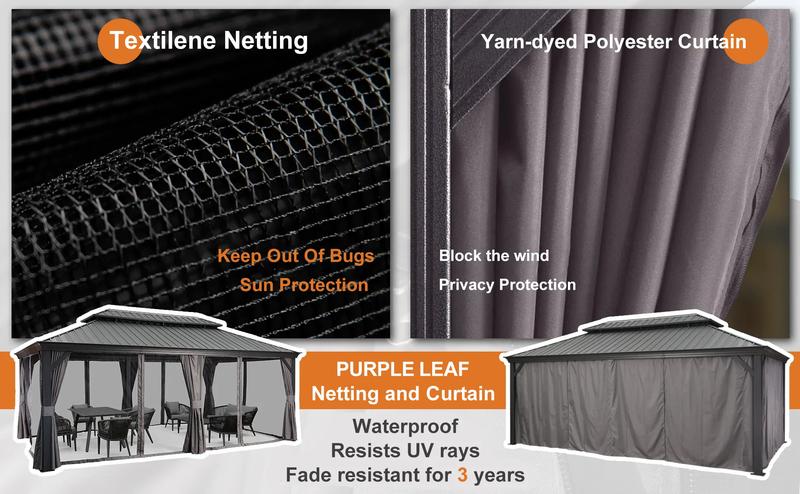 PURPLE LEAF 12' x 16' Patio Gazebo For Backyard | Hardtop Galvanized Steel Grey Frame With Upgrade Curtain
