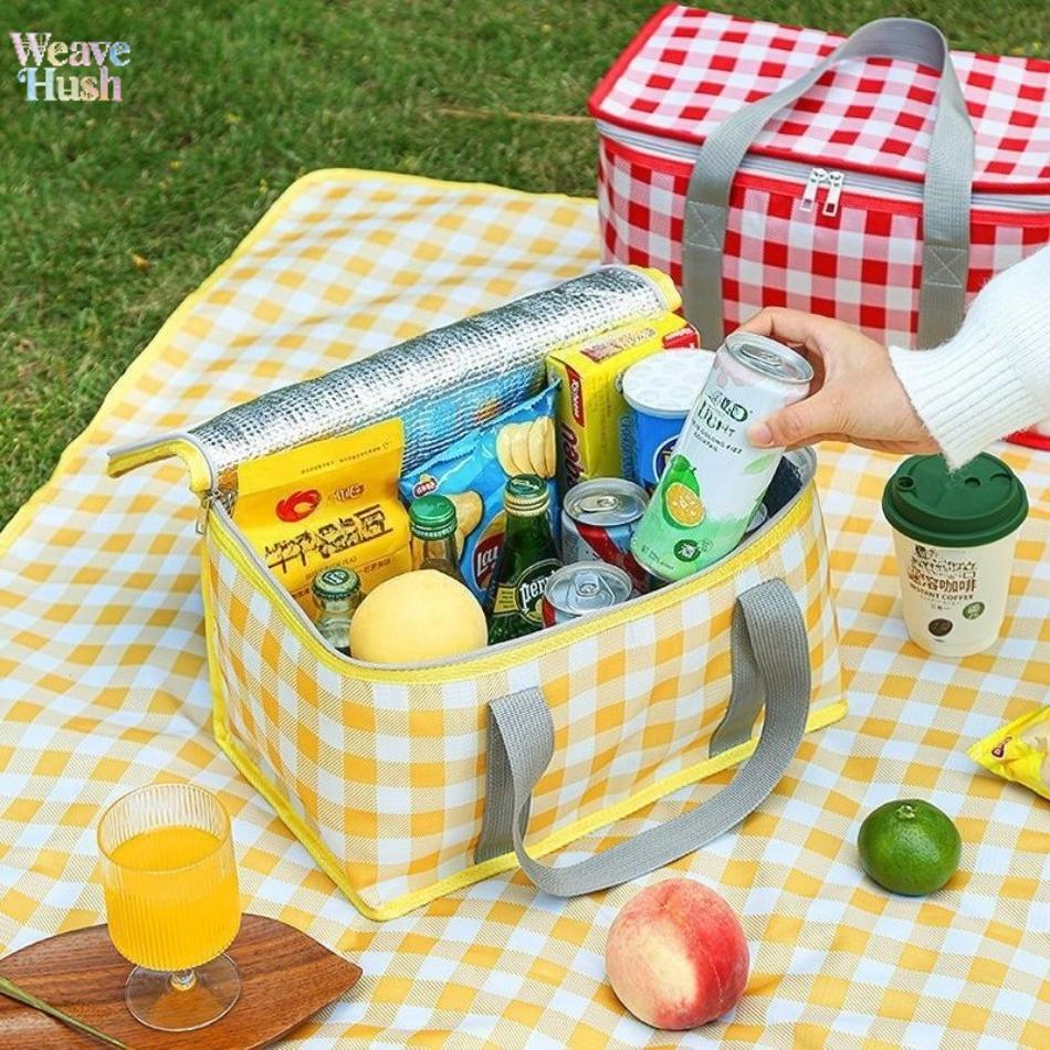 Striped Grid Polyester Cooler Bag, Large Capacity Portable Insulated Lunch Tote, Foldable with Matching Mat for Camping & Picnics, Cooler Bags, Synthetic, Insulated Bag