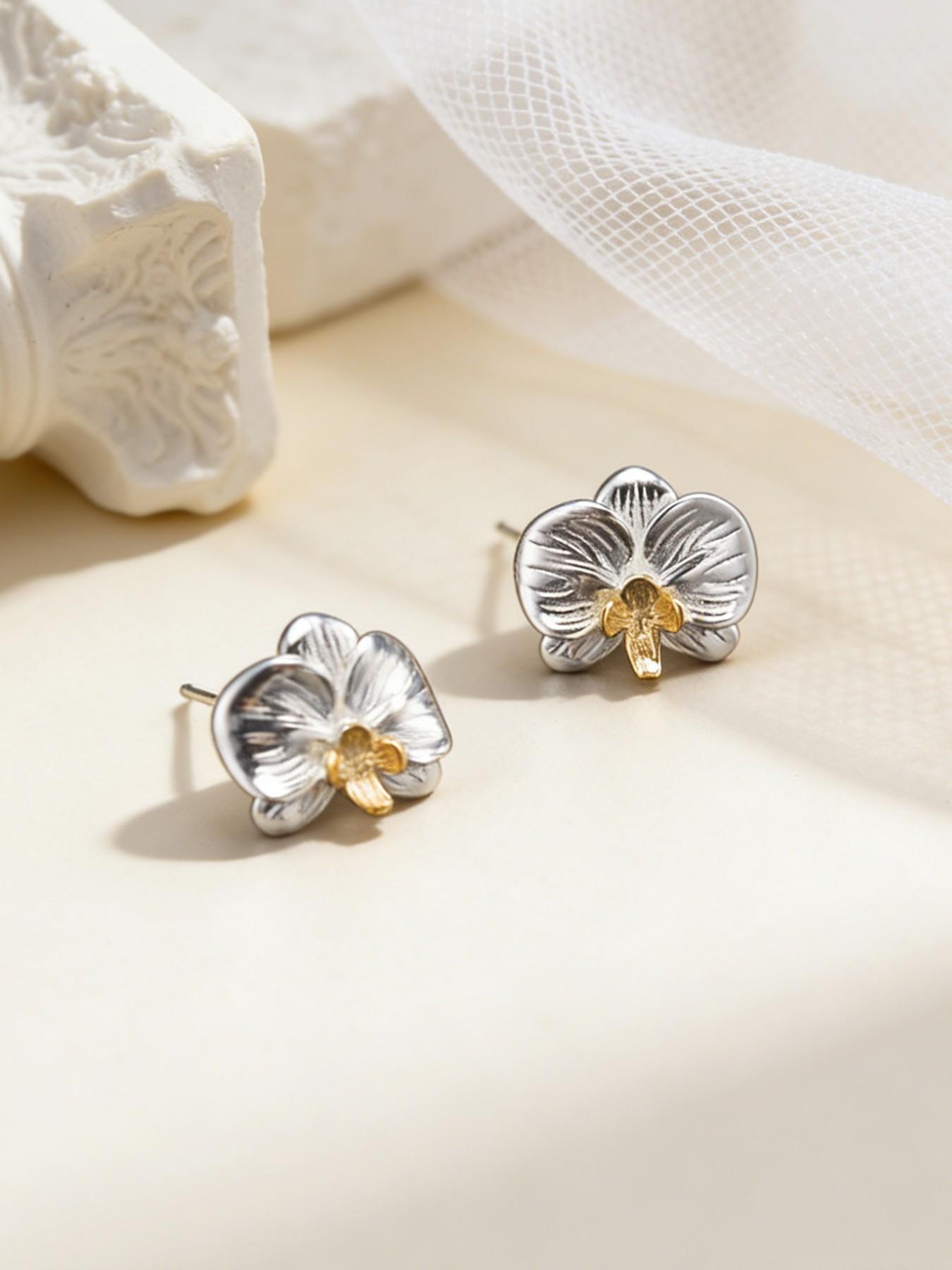 New Traditional Orchid Earrings, Literary Cold Sensation 3D Floral Design, S925 Silver Color Flower Ear Jewelry, Includes Elegant Gift Box