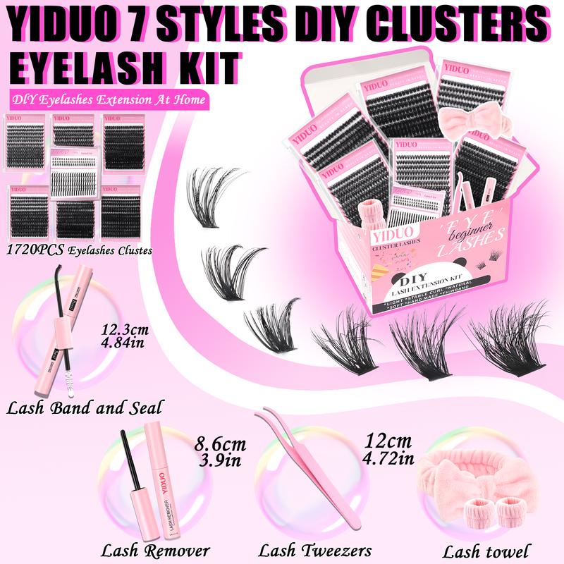 YIDUO 7 Styles Lash Clusters Kit Volume Eyelash Clusters Kit With Bottom eyelash&Spikes Lashes 1600 pcs DIY Eyelash Extensions 5-20mm 40D&60D&80D&100D&Volume Lash with Lash Bond and Seal, Lash Remover