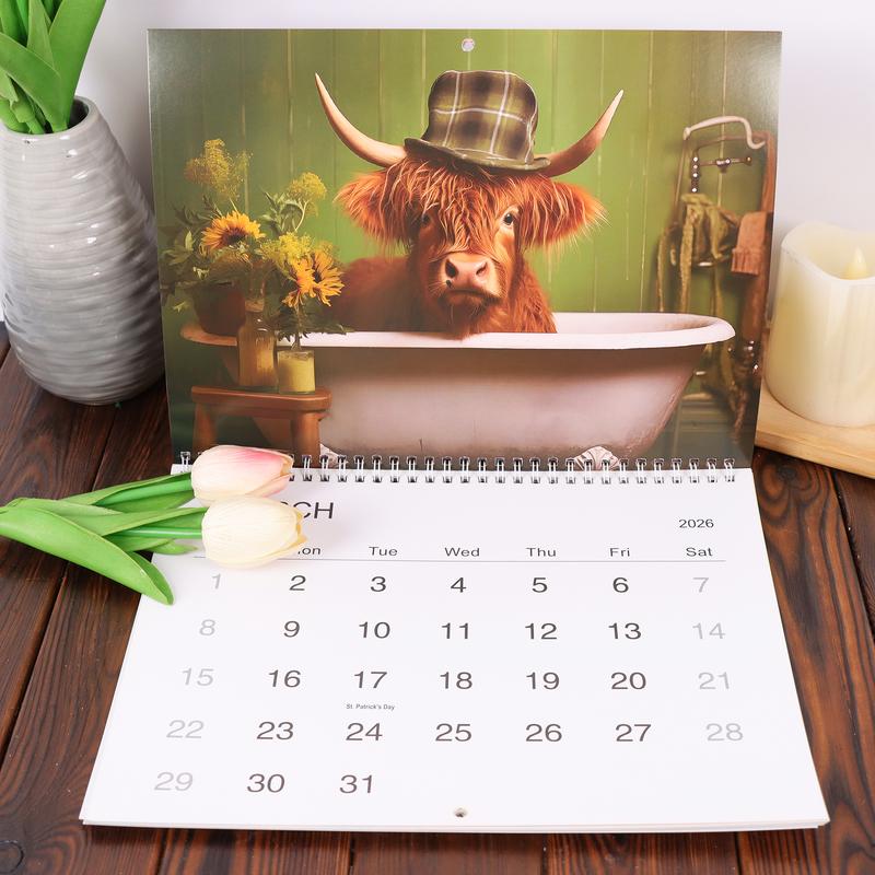 2026 Highland Cow Doodle Typography Calendar, Cute Monthly Planner, Fun Farm Animal Theme, Perfect Gift for Animal Lovers, High-Quality Print, Artistic Design