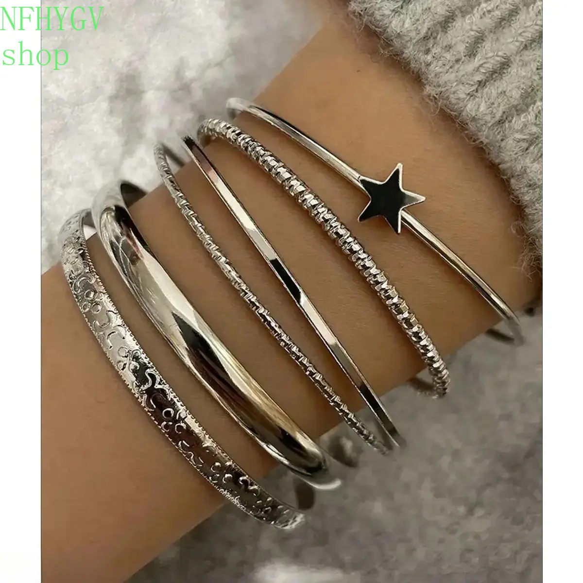 6-Piece Women’s Vintage Star Zinc Alloy Cuff Bracelet Set, Stackable Layered Bangles, Sturdy & Choke-Safe Design, All-Season DIY Layering Jewelry, Lovely Party Gift