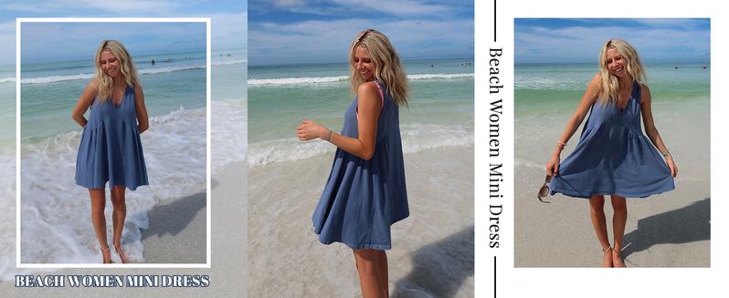 Molitree Womens Summer Sleeveless Mini Dress Casual Loose V Neck Beach Sundress with Pockets