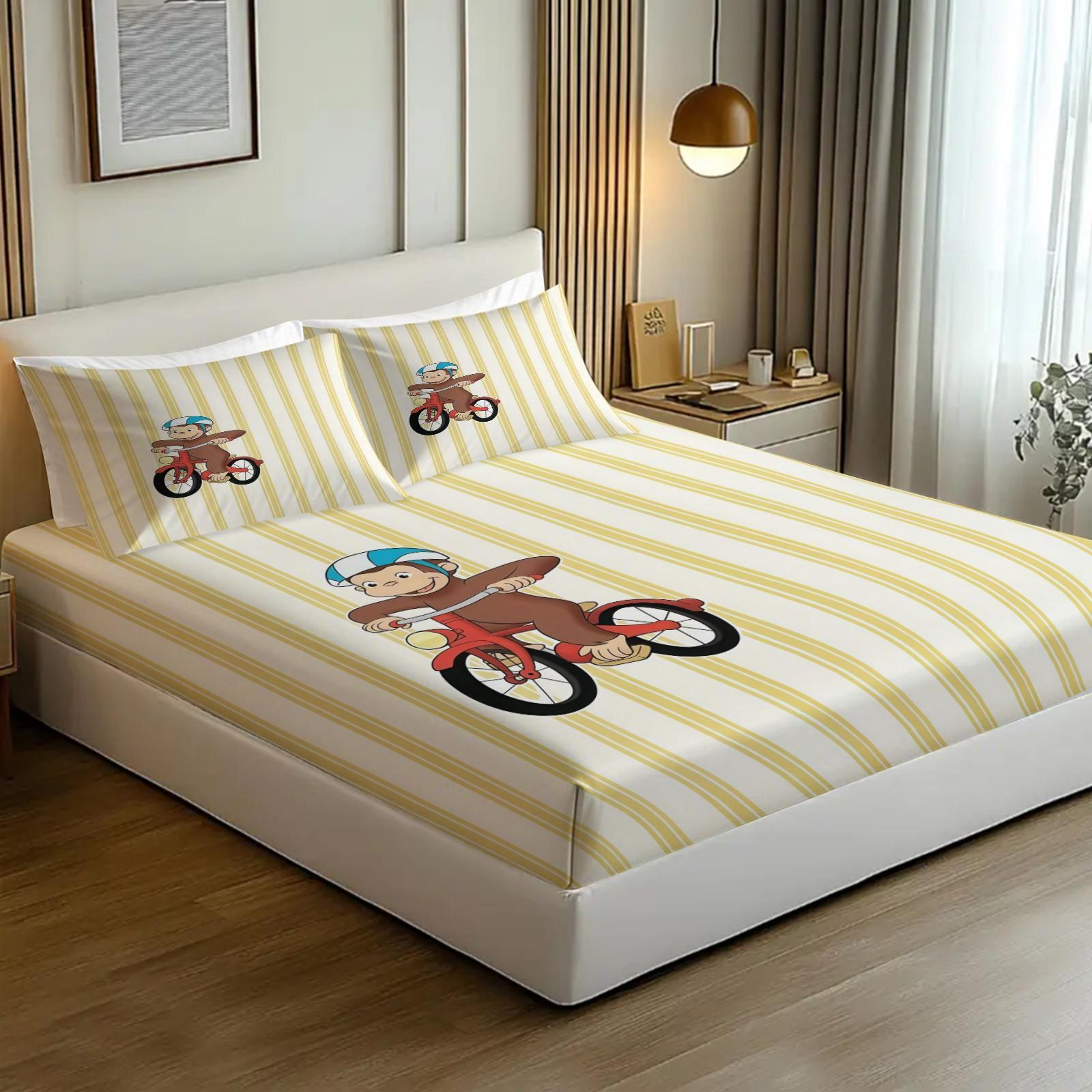 3 Piece Curious George Fitted Sheet Set, 1 Fitted Sheet + 2 Pillowcases, Cute Cartoon Monkey Biking Summer Adventure Bedding, Kids Bedroom Decor for Boys Girls Teens, Ideal Gift for Curious George Fans