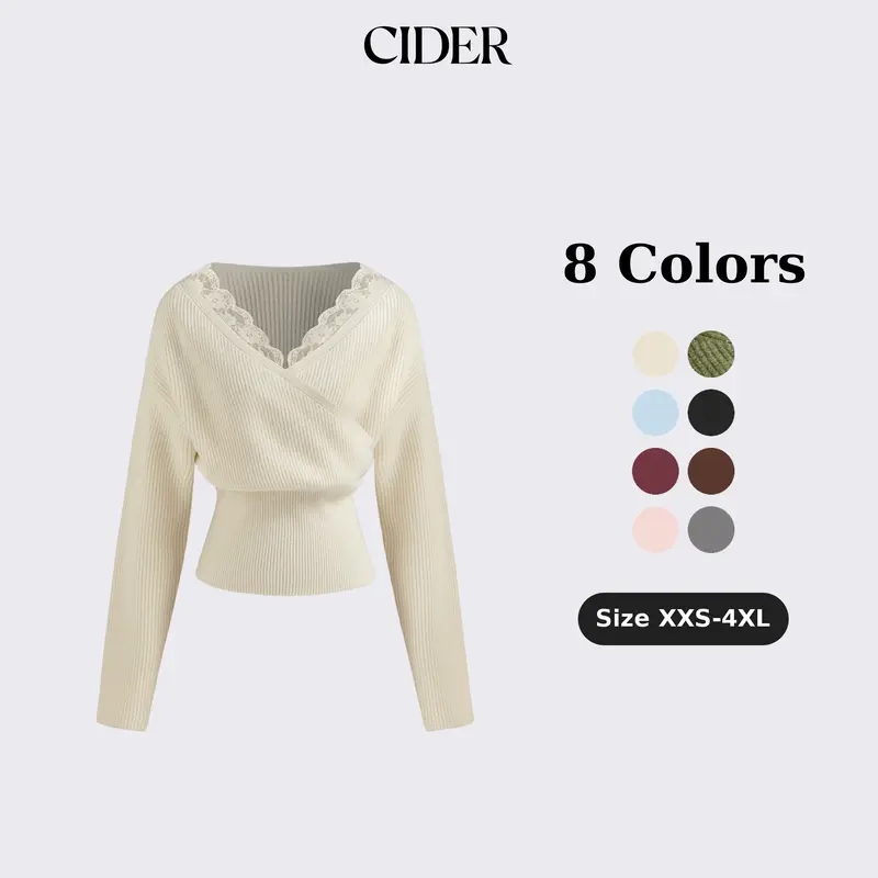 Cider Knit V-neck Solid Lace Trim Wrap Long Sleeve Top