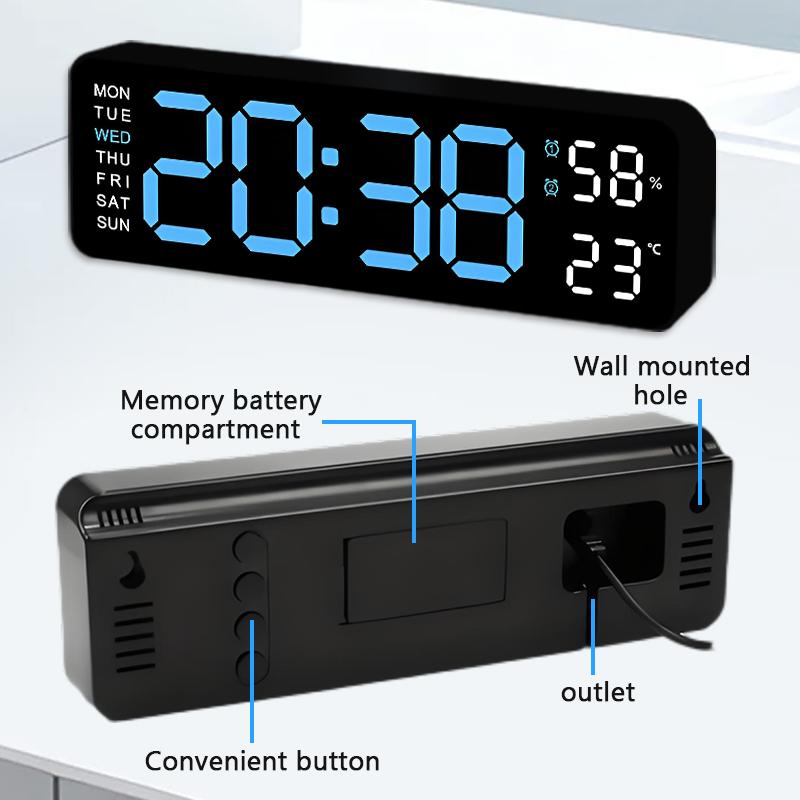LED Digital Wall Clock, Large Display Digital Clock with LED Technology, Countdown Dimmer, DST Date, Week Temperature, Large Display Home Decor Blue(White Shell)