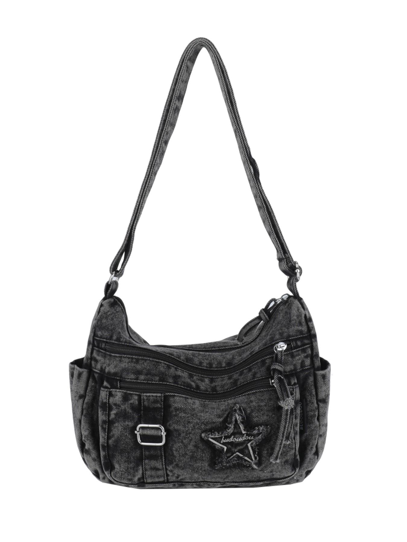 Casual retro texture Denim shoulder bag, Denim shoulder satchel, practical versatile crossbody bag, with multiple zippered pockets and a five pointed star pattern printed, suitable for commuting, shopping