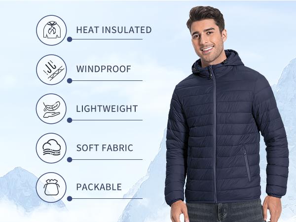 Pioneer Camp Mens Lightweight Packable Puffer Jacket Hooded Insulated Thermal Puffy Winter Jackets for Running Travel