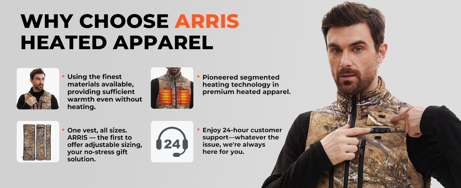 ARRIS Heated Hunting Vest for men, Size Adjustable 7.4V Camo Heating Vests with Battery for Hunting, Hiking