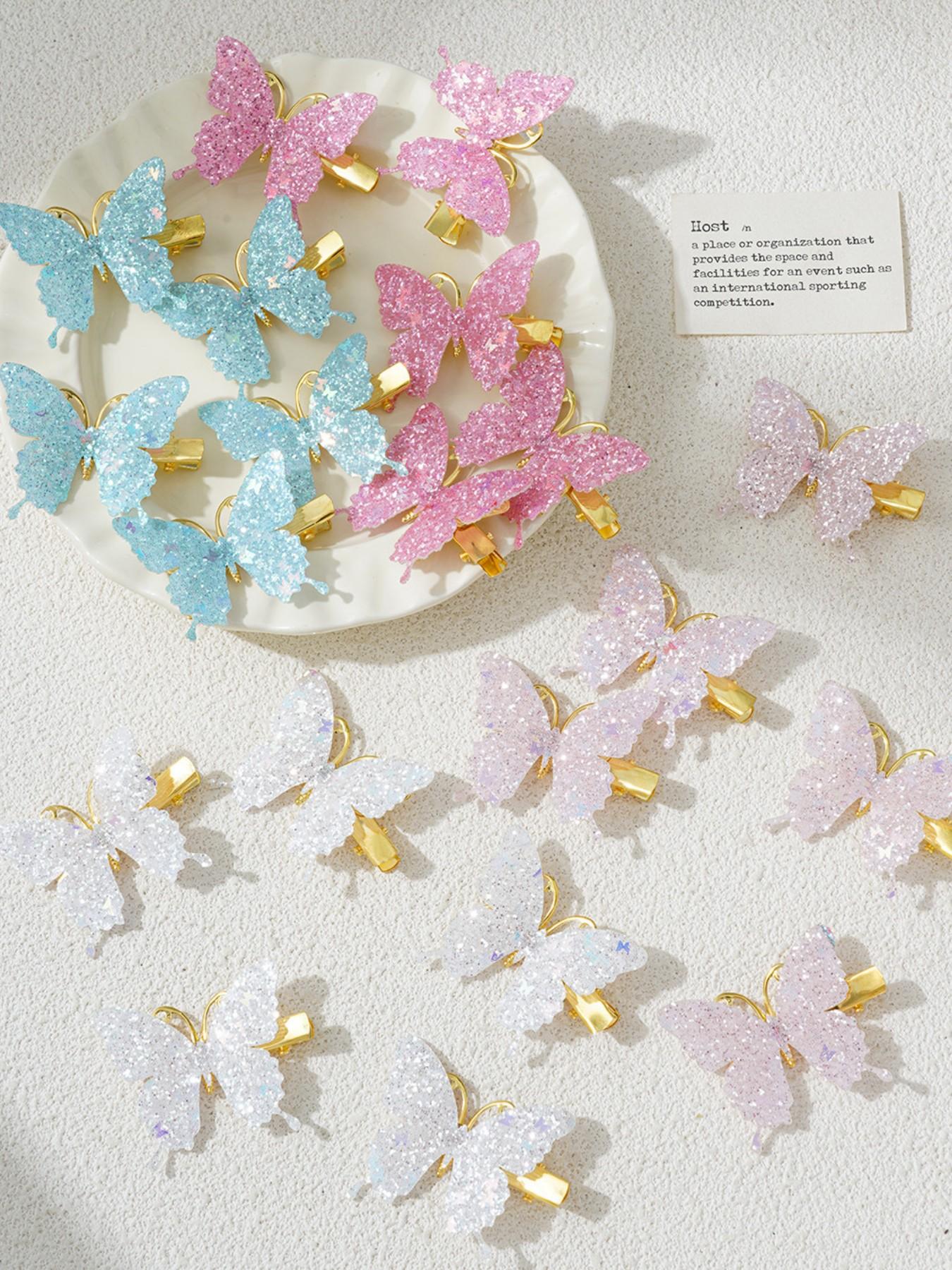 8pcs Mixed Color Glitter Butterfly Hair Clips, Cute Elegant Side Bang Clip, Suitable for Women Outing, Dating, Festival Wear
