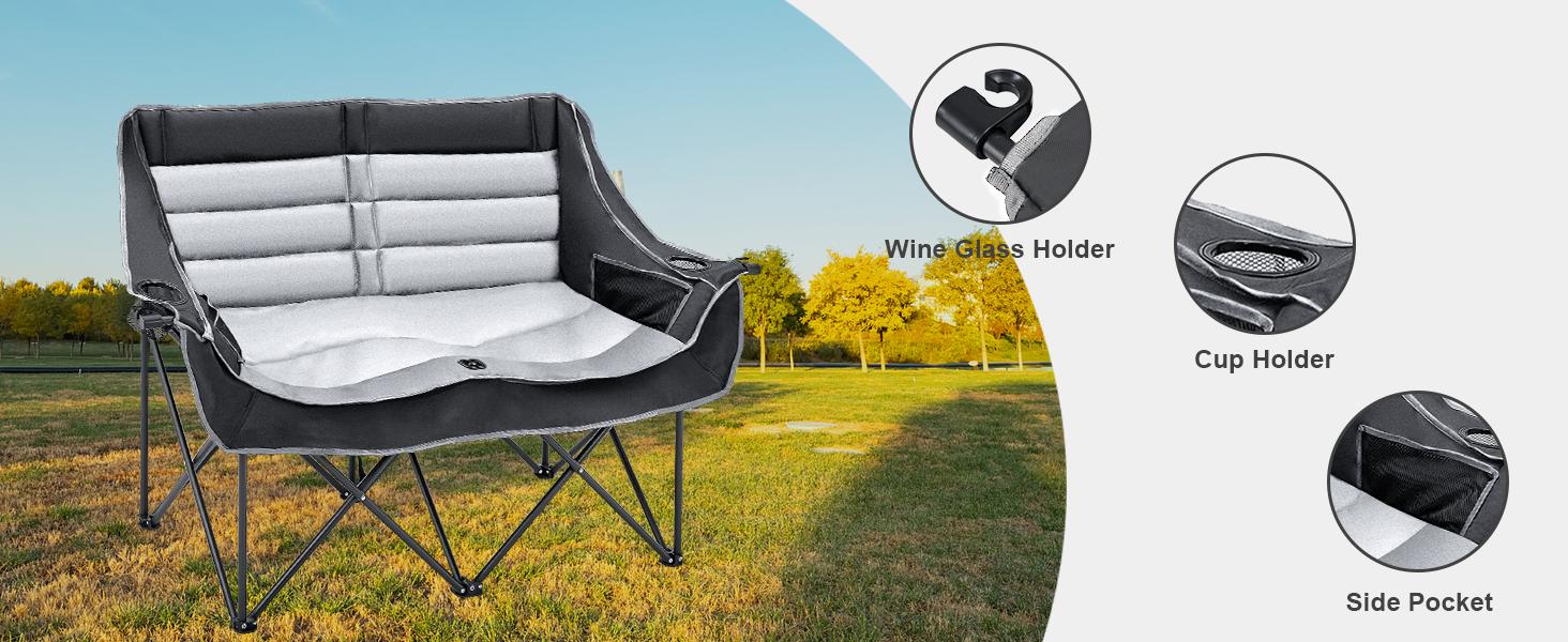 SLSY Oversized Double Camping Chair, Folding 2 Person Camping Chair Loveseat, Fully Padded Duo Chair Camping Couch, Fold Up Double Camp Chair, Lawn Chairs, Camping Bench with Carrying Bag