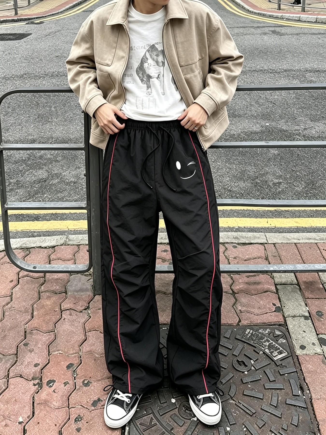Vintage Streetwear Men Side Stripe Track Pants Drawstring Elastic Waist Adjustable Hem Minimalist Wink Smiley Face Graphic Print Daily Casual Sport Trousers