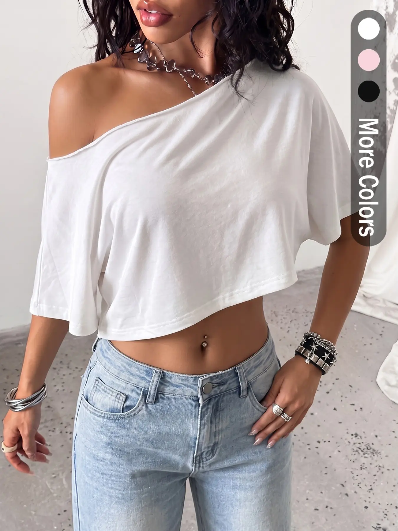 Women White Asymmetric Off Shoulder Loose Cropped Short Sleeve Tee, casual street hot girl style, slightly stretch soft knit fabric, suitable for daily shopping, dating outings and home casual wear