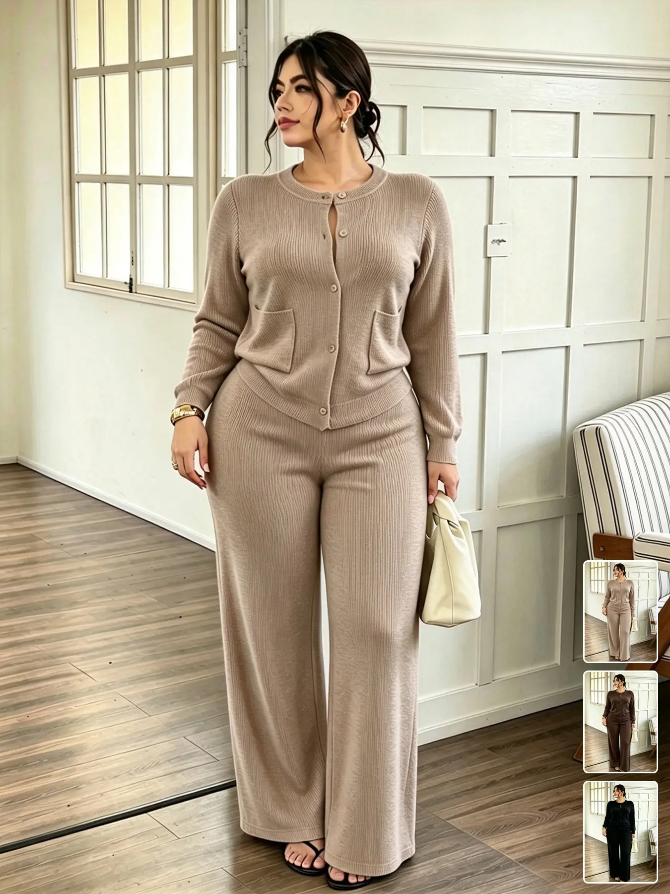 Women's Plus Size Ribbed Knit Cardigan & Wide-Leg Pants 2-Piece Set, Button-Down Loungewear with Pockets, Soft Stretchy Curvy-Friendly Set for Lounging & Sleeping, Multiple Colors Available