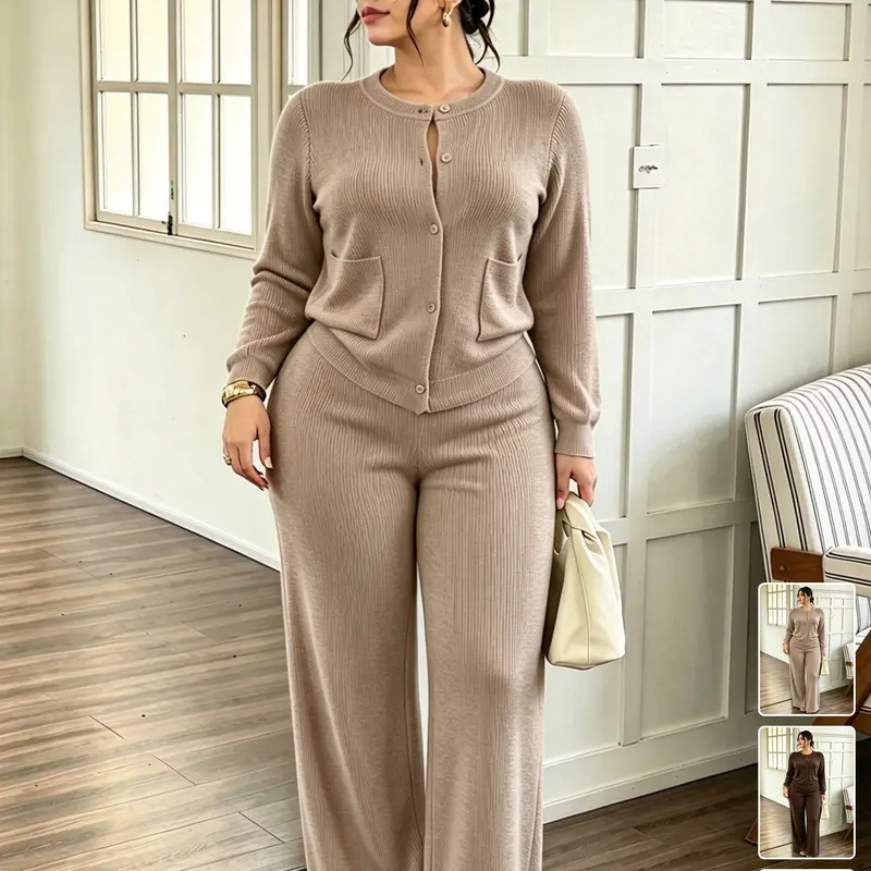 Women's Plus Size Ribbed Knit Cardigan & Wide-Leg Pants 2-Piece Set, Button-Down Loungewear with Pockets, Soft Stretchy Curvy-Friendly Set for Lounging & Sleeping, Pajama Set, Multiple Colors Available