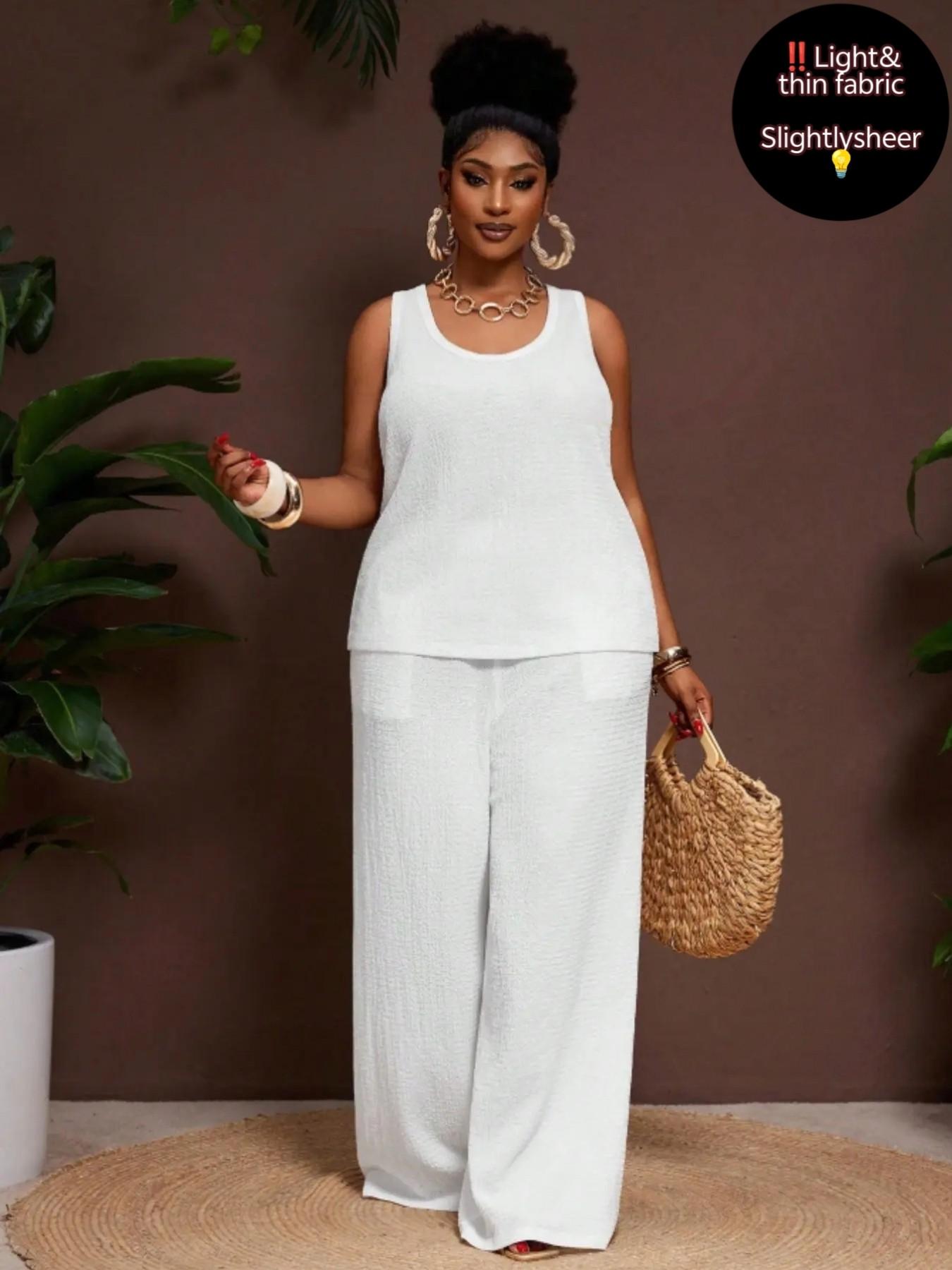 Plus Size Women's Comfortable U-Neck Sleeveless Solid Top with Pockets, Loose Fit Textured Tank, Wide Leg Pants, Business Casual Chic Womenswear Set