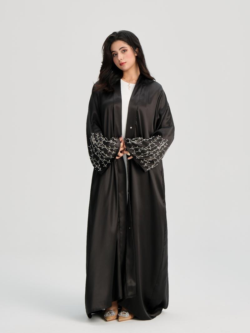 Women's Beaded Decor Long Sleeve Open Front Abaya, Modesty Abaya, Modest Elegant Maxi Abaya for Daily Wear, Women's Islamic Clothing for All Seasons