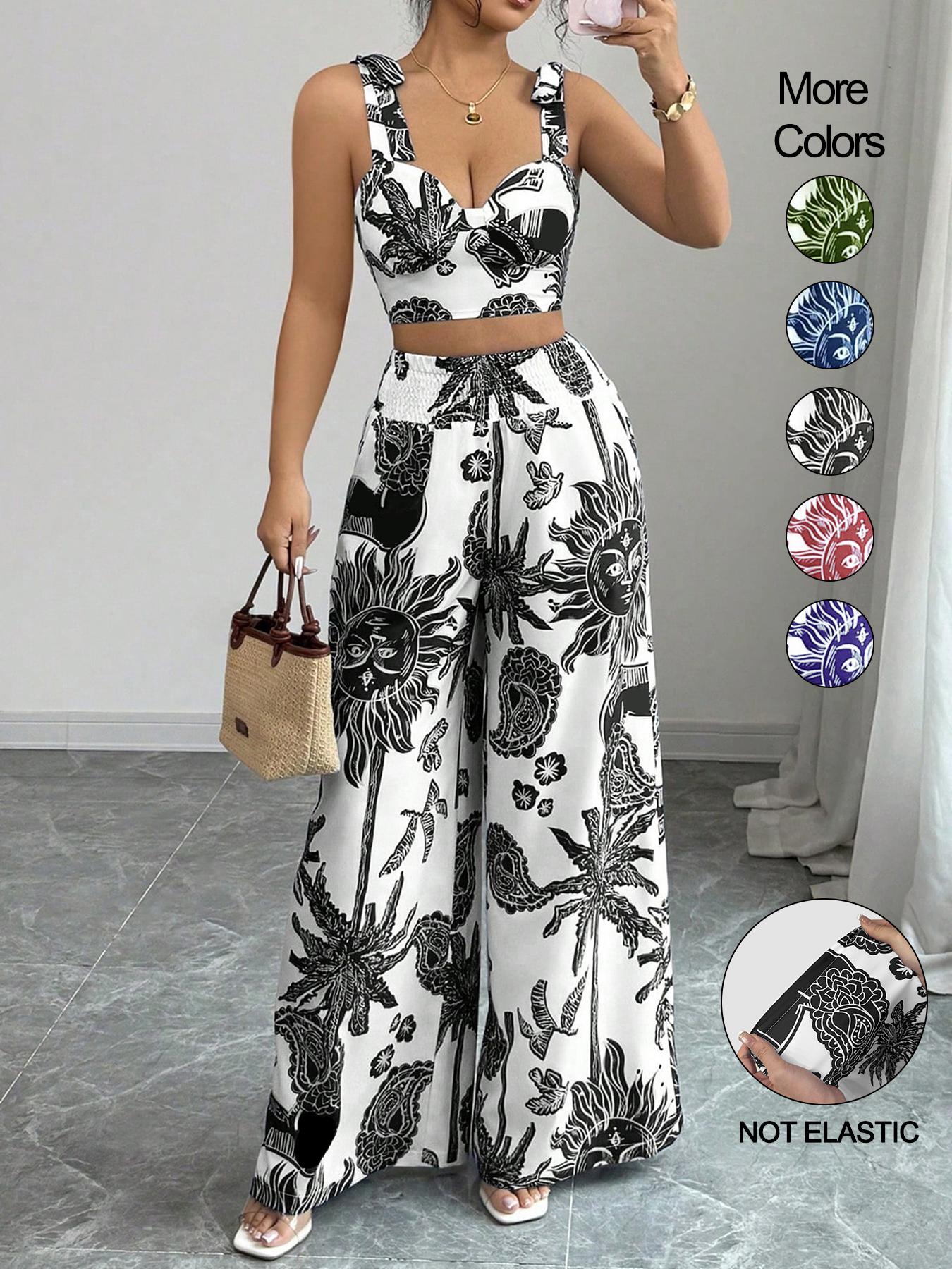 Women's Boho Style Floral Print Sleeveless Top & Belted Straight-Leg Pants Set, Casual Summer Outfit for Vacation