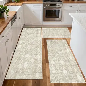 Modern Light Base Geometric Lines Pattern 3-Piece Kitchen Rug Set, Easy Care Entryway Mat, Home Decor Carpet, Decorative Rug, Kitchen Floor Mat